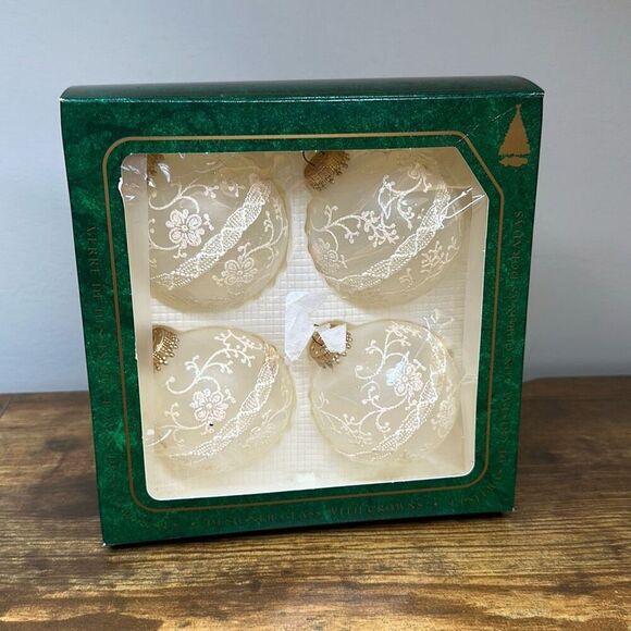 Christmas by Krebs Glass Ornaments set of 4 Ribbons Lace Beige Gold Crown - Picture 3 of 5